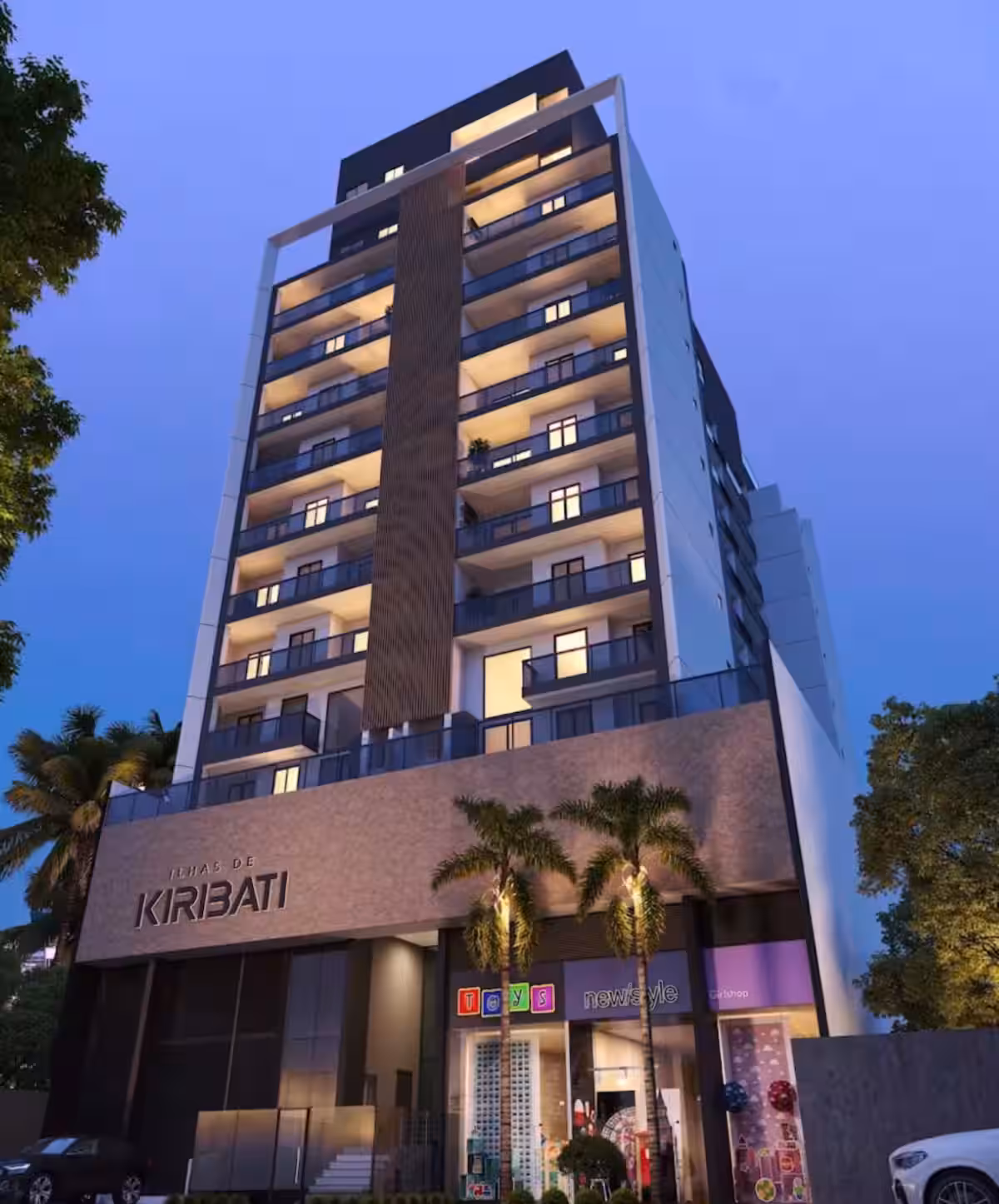 Torre de apartamentos moderna iluminada ao entardecer